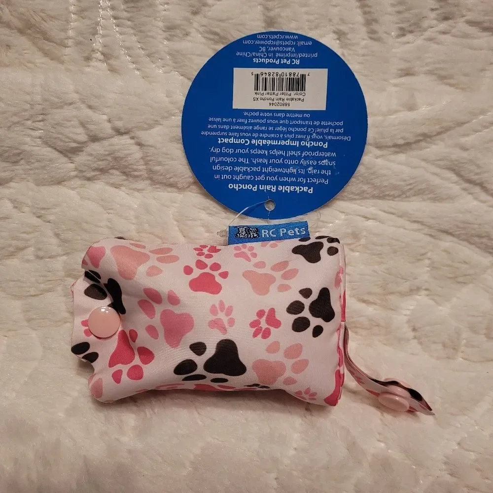 RC Pets Printed Packable Dog Poncho Raincoat Pitter Patter Pink Paw Print XS New